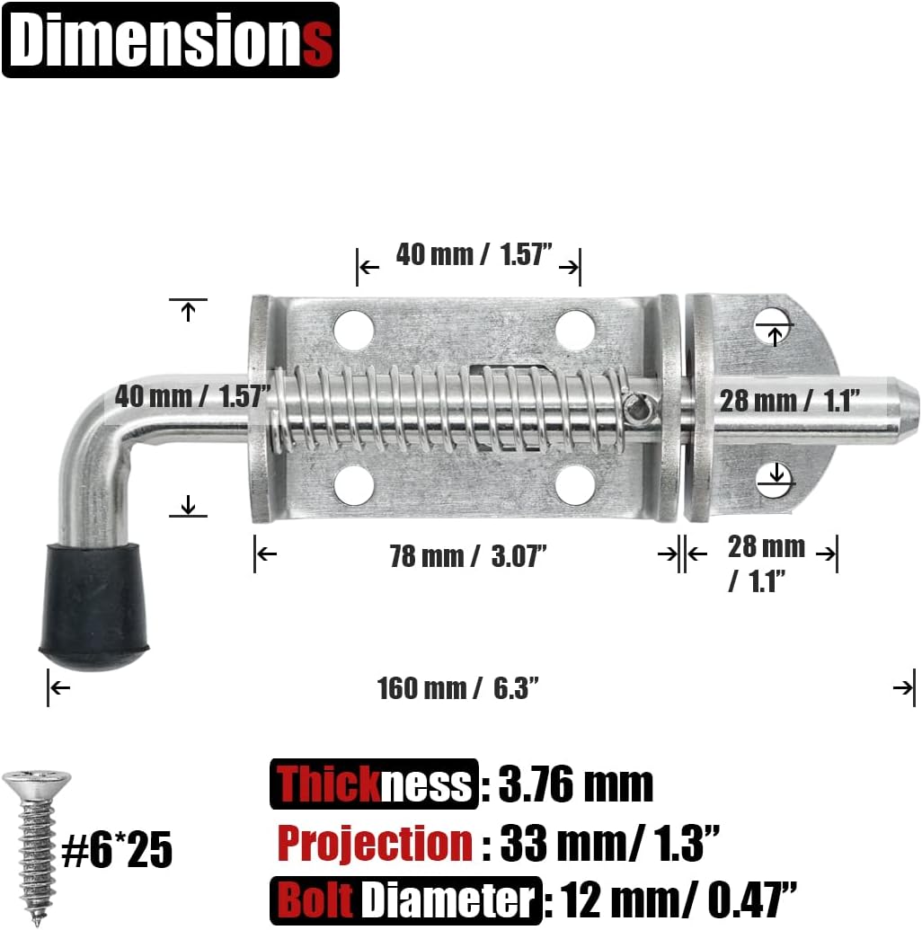 JQK Spring Loaded Barrel Bolt Latch, Heavy Duty 304 Stainless Steel Thickened 3mm Door Lock, 6.3 Inch Brushed Finished, HSB410-P2
