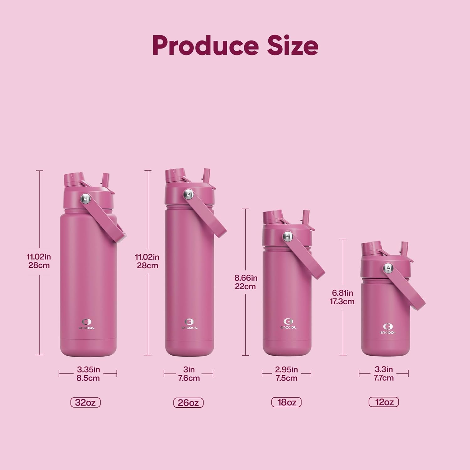 ENCOOL Insulated Water Bottle with Straw Stainless Steel Water Bottle, Leak-Proof, BPA-Free, Double Wall Vacuum Keeps Cold for 24 Hours for Sports, Travel, School (26 oz, Turkish Rose)