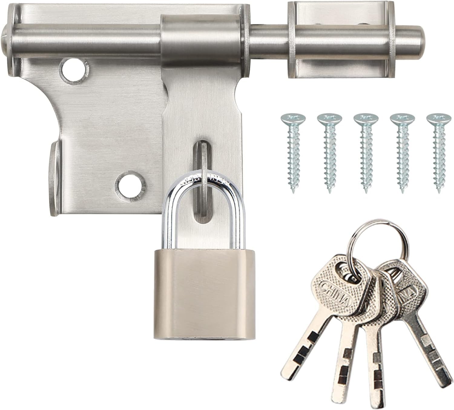 Alise 4 Inch Slide Bolt Gate Latch, Door Lock with Padlock Set, Heavy Duty Stainless Steel Barrel Bolts Safety Door Lock for Wooden Fence, Outdoor Fence,Shed Door Brushed Finish