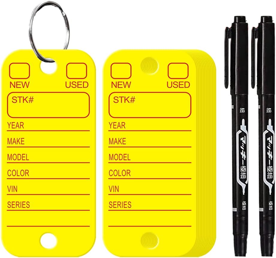200 Pcs PVC Tags with Labels and Rings, Car Key Tags for Organization, Identifiers, and Luggage Tags with 2 Pcs Markers, Plastic Keychain Tags for Car, Truck, and Dealer Use (Yellow)