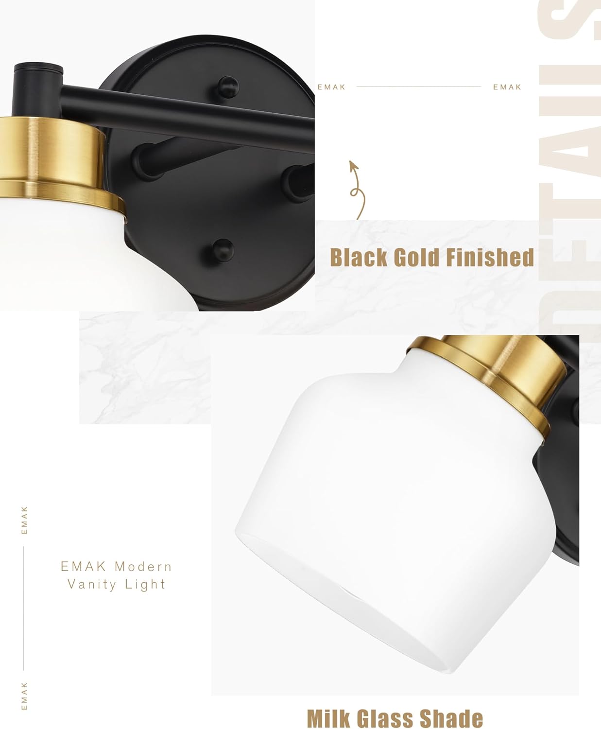 Emak Black and Gold Bathroom Light Fixtures Over Mirror, 2-Light Bathroom Vanity Light with Milk Glass Shade, Modern Farmhouse Vanity Lights for Bath,Mirror, VL122-BKBGD-ML-2