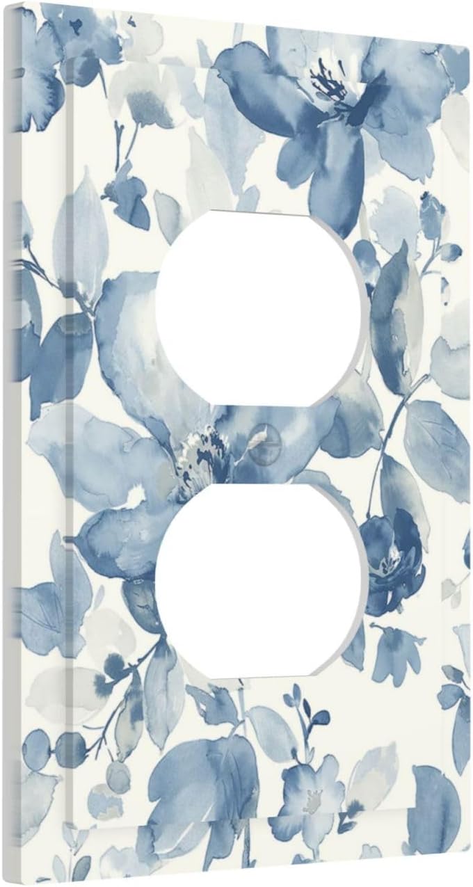 Outlet Covers Blue Watercolor Floral 1 Gang Duplex Wall Plate Decorative Switch Plates Electrical Receptacle Faceplate Light Switch Cover for Bedroom Bathroom Decor