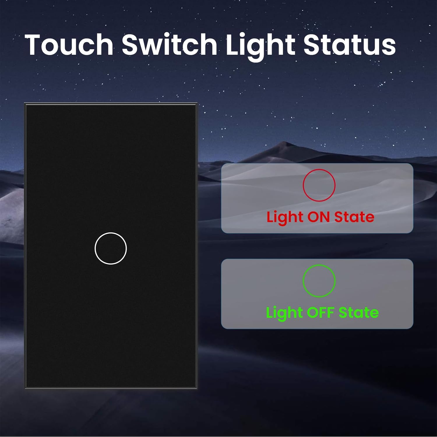 2 Way Light Switch 118X72X34MM No Neutral Wire, Wall Touch Switch 1000W, Tempered Glass Panel, FCC, Black 1 Gang