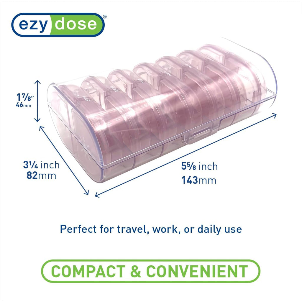EZY DOSE Weekly (7-Day) Daily Individual AM/PM Pill Organizer with Case, Portable Medication Dispenser, Travel-Friendly Durable Pill Container, 2X Day Compartments for Vitamins and Supplements, Pink