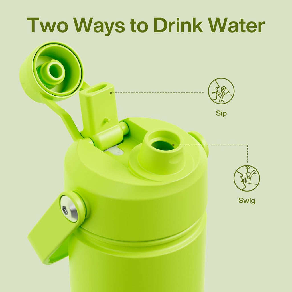 Kids Insualated Water Bottle with Straw - 12oz Stainless Steel Water Bottle with Dual Spouts, Leak-Proof, BPA-Free, Double Wall Vacuum Keeps Cold for 24 Hours for Sports, Travel, School (Sharp Green)