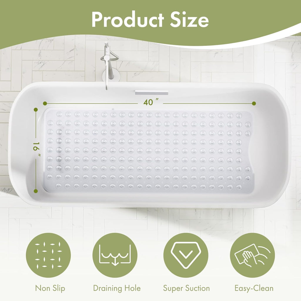AmazerBath Shower Mat Non Slip 40 x 16 Inches, Shower Stall Mats with Suction Cups and Drain Holes, Non Slip Bath Mat for Tub for Elderly & Kids, Clear