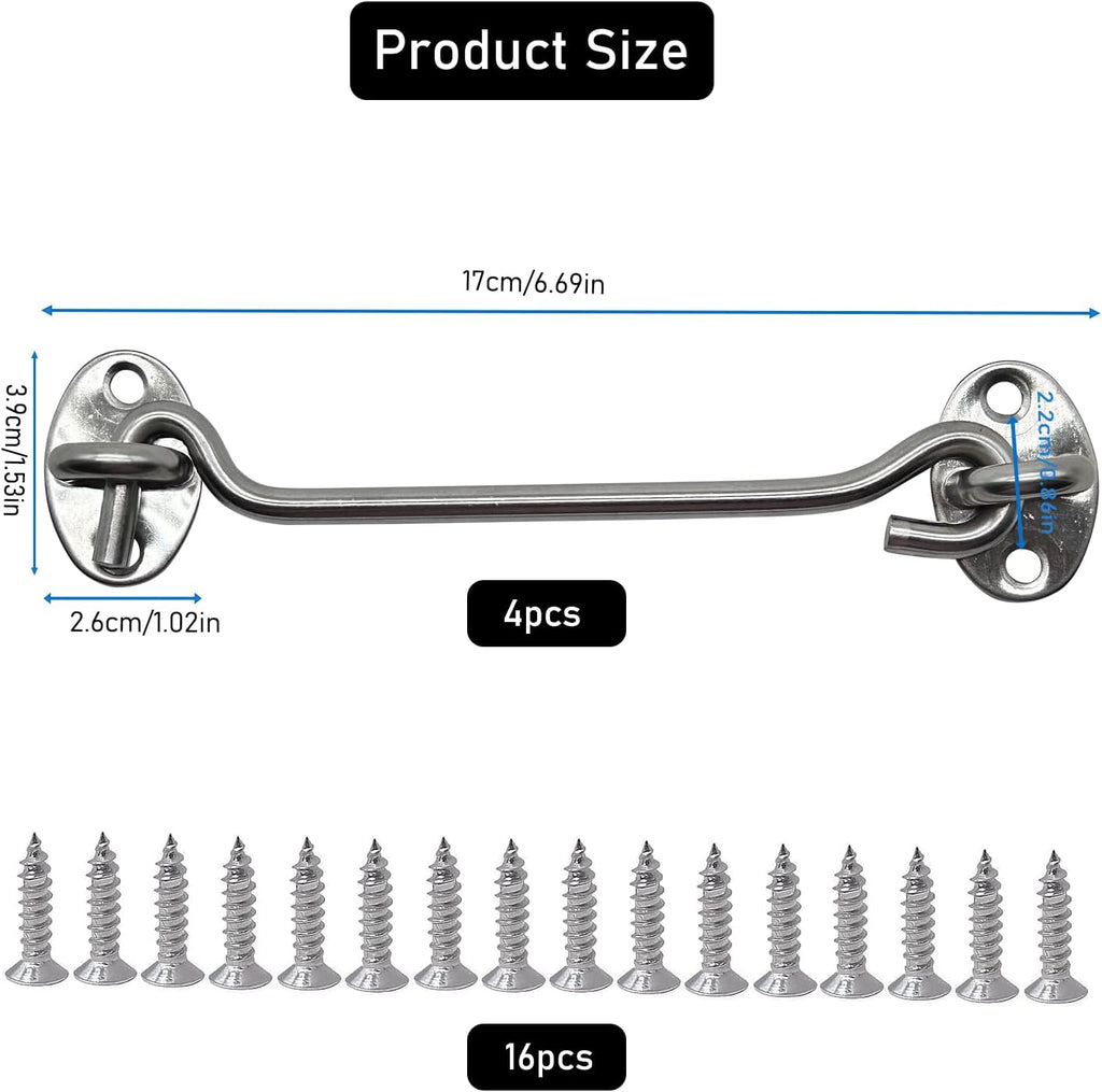 4-Pack 6Inch Door Lock Gate Latch Premium Stainless Steel Hook and Eye Gate Latch Cabin Hook with 16pcs Screws, Silver