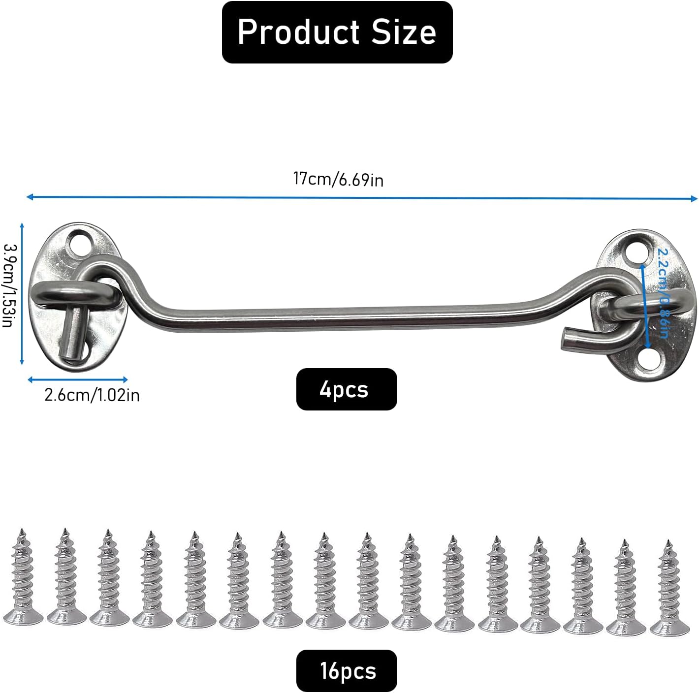 4-Pack 6Inch Door Lock Gate Latch Premium Stainless Steel Hook and Eye Gate Latch Cabin Hook with 16pcs Screws, Silver