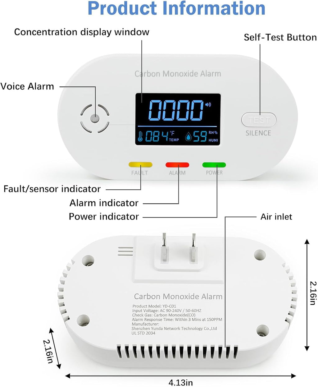 Carbon Monoxide Detectors,Plug in Carbon Monoxide Detector with CO Alarm Monitor Temperature Humidity Sensor,3-in-1 CO Detector with LCD Display for Home/Kitchen/Hotel/Bedroom (White)