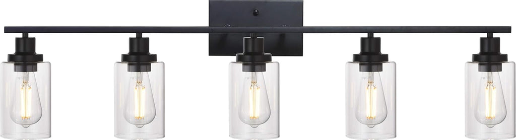 MELUCEE 40 Inches Length 5-Light Bathroom Vanity Light Fixtures Black Industrial Wall Sconce Lighting with Clear Glass Shade for Living Room Bedroom Hallway Kitchen (Patent No.: US D963914 S)