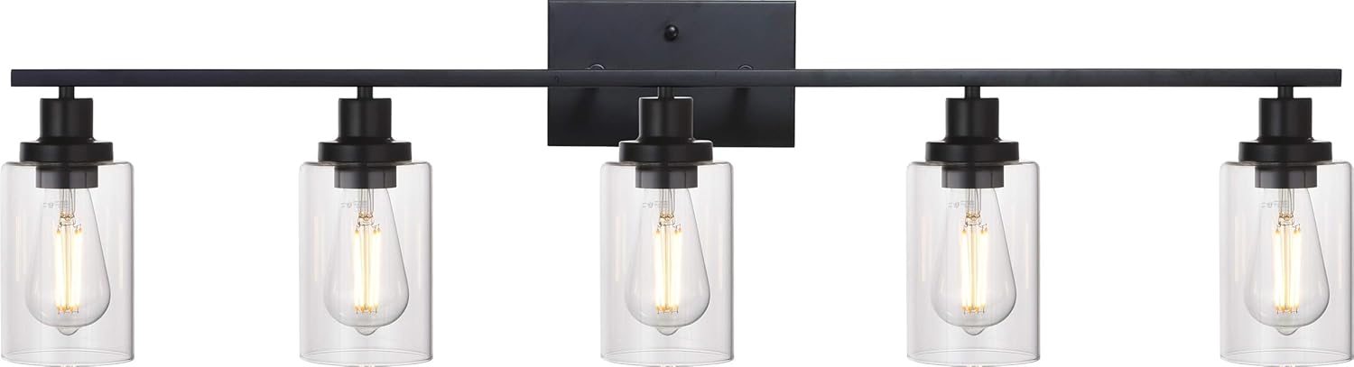 MELUCEE 40 Inches Length 5-Light Bathroom Vanity Light Fixtures Black Industrial Wall Sconce Lighting with Clear Glass Shade for Living Room Bedroom Hallway Kitchen (Patent No.: US D963914 S)