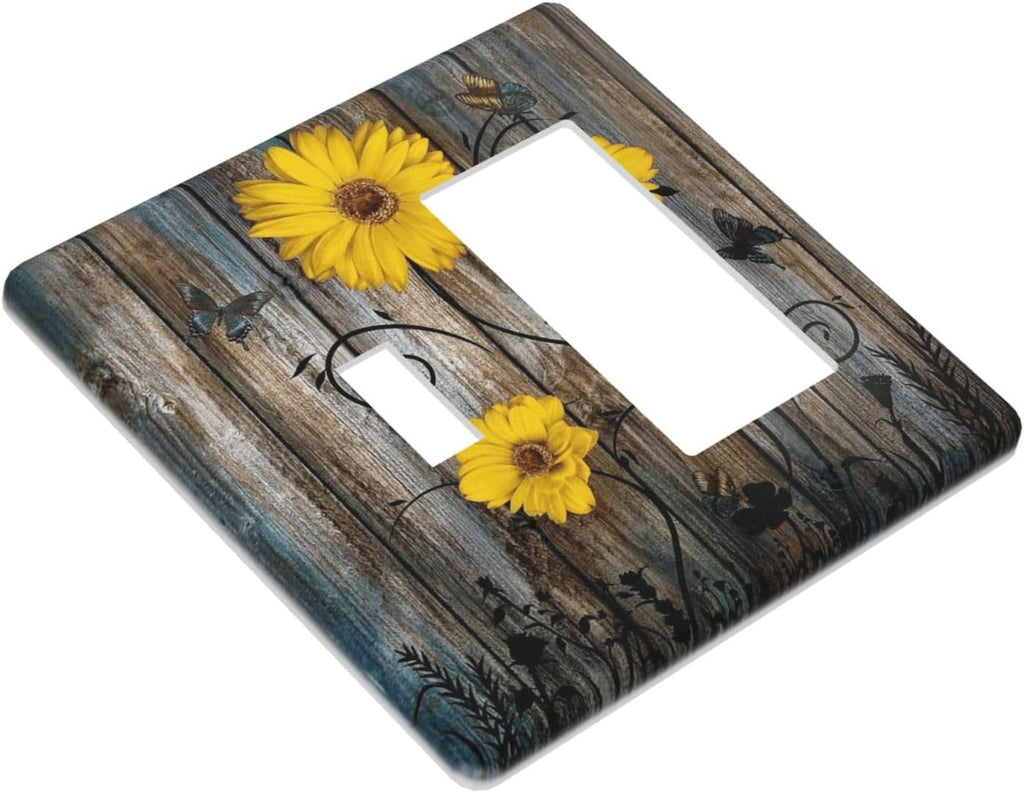 Rustic Barn Sunflower Wooden Daisy Flower Plank Outlet Covers 1 Toggle 1 Rocker Combination Decorative Wall Plate Electrical Switch Plates Light Switch Cover Plate for Farmhouse Home Decor