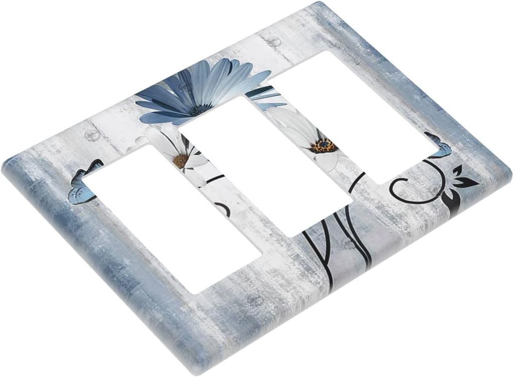 Decorative Outlet Covers Rustic Blue White Daisy Ink Flower 3 Gang Light Switch Cover Plate Triple Rocker Wall Plates for Electrical Outlets Switch Plate Covers for Bedroom Home Decor