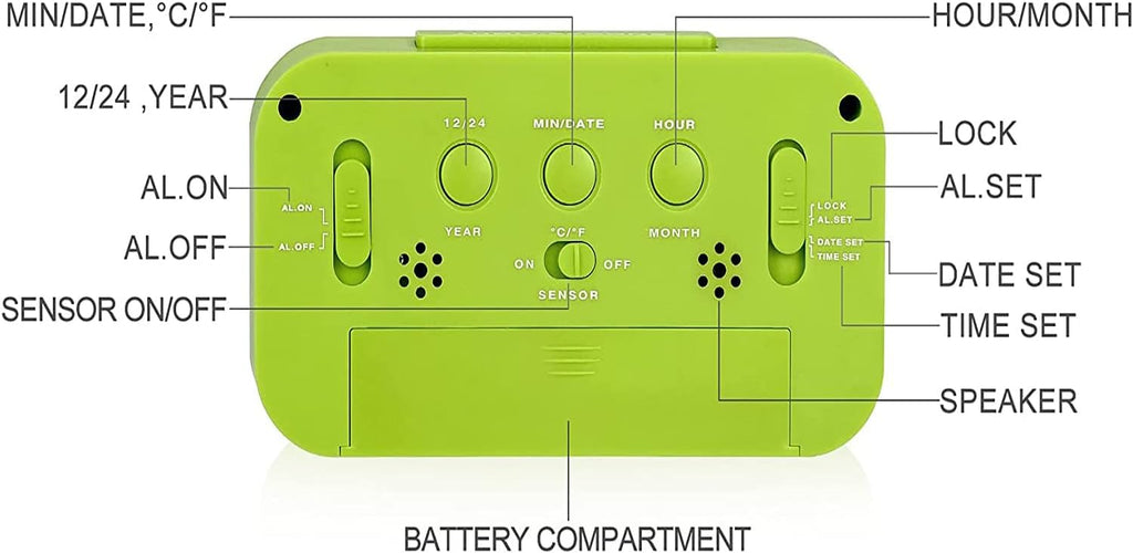 Digital Alarm Clock with LCD Display, Desk Smart Electronic Small Clock with Indoor Temperature, Date, Light Sensor, Backlight, Battery Operated, for Home Bedroom Kids Office (Green)