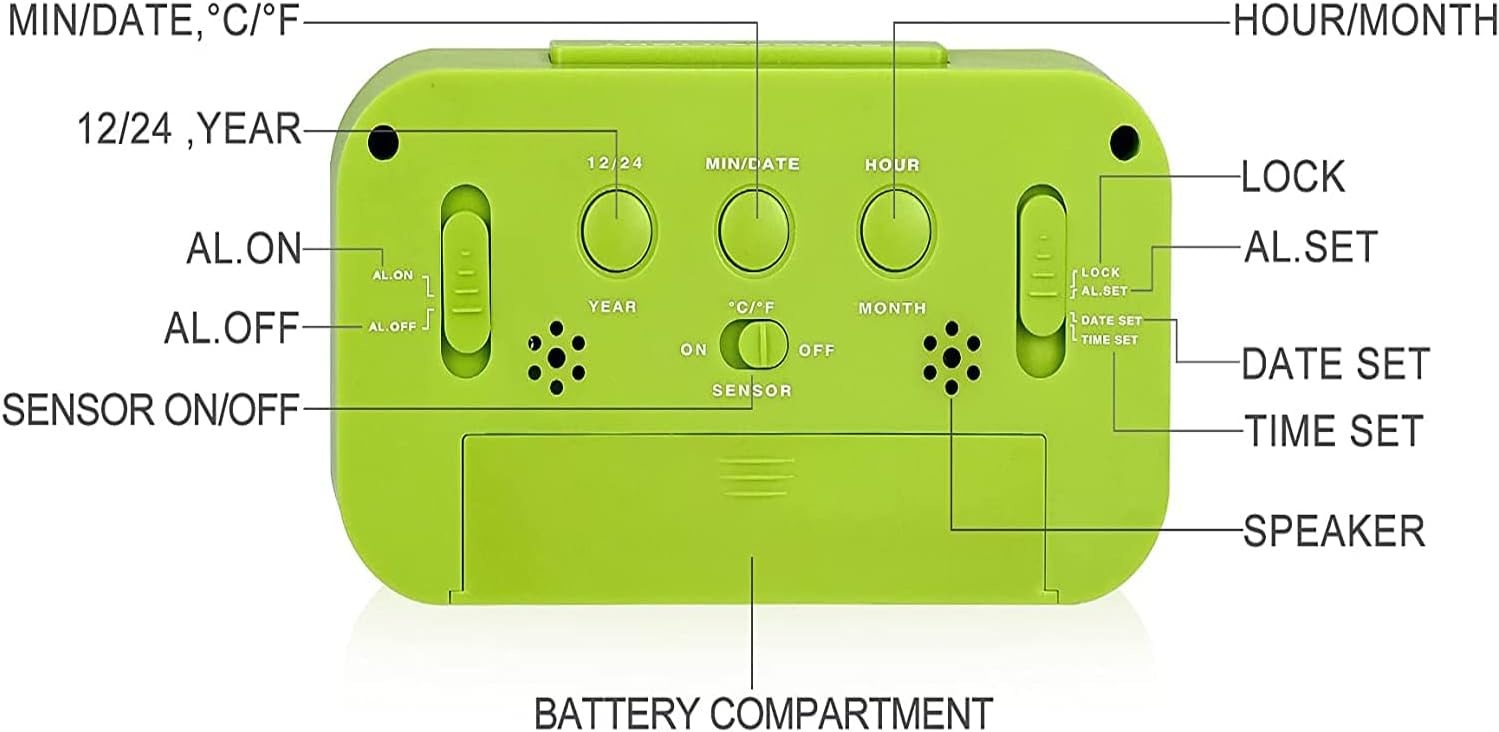 Digital Alarm Clock with LCD Display, Desk Smart Electronic Small Clock with Indoor Temperature, Date, Light Sensor, Backlight, Battery Operated, for Home Bedroom Kids Office (Green)