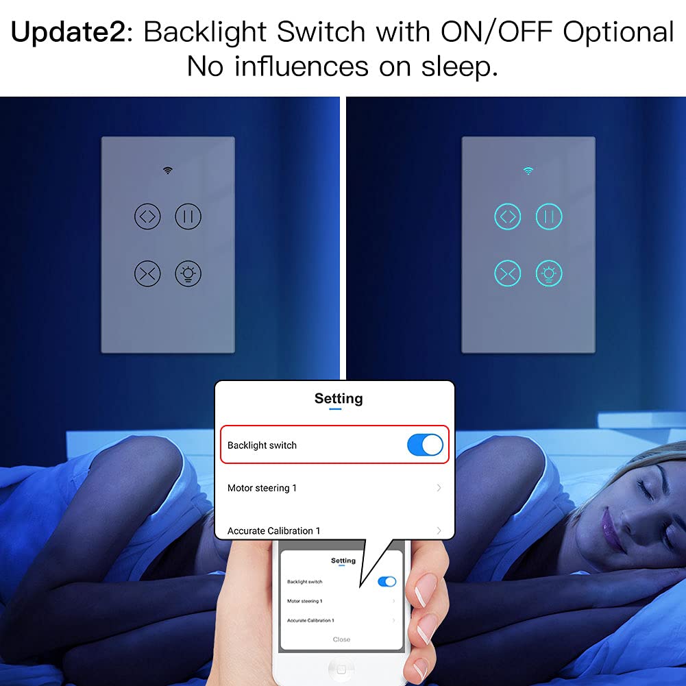 MOES 2.4GHz WiFi RF Smart Curtain Light Touch Switch Glass Panel Backlight ON/Off Wireless Remote Control with Tuya Smart Life App, Voice Control with Google Home Alexa, White