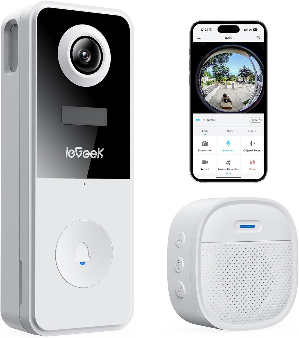 ieGeek Doorbell Camera Wireless No Subscription, 3MP Video Doorbell with Chime, 180° Head to Toe View, 2-Way Talk Voice Changer, AI Motion Detection Night Vision, Only 2.4GHz WiFi, Works with Alexa