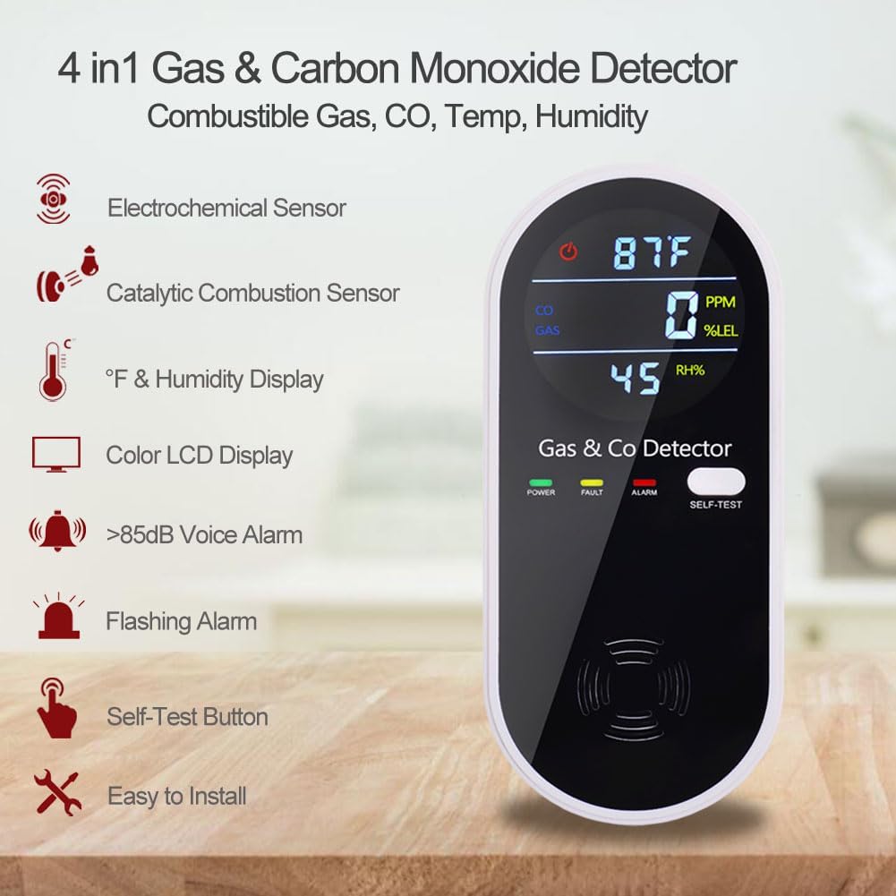 Combination Gas & Carbon Monoxide Detector Plug in Wall, WESHLGD Portable Natural Gas and Carbon Monoxide Detector for Travel, 4 in 1 CO and Gas Detector with Temperature Humidity Display - 1Pack