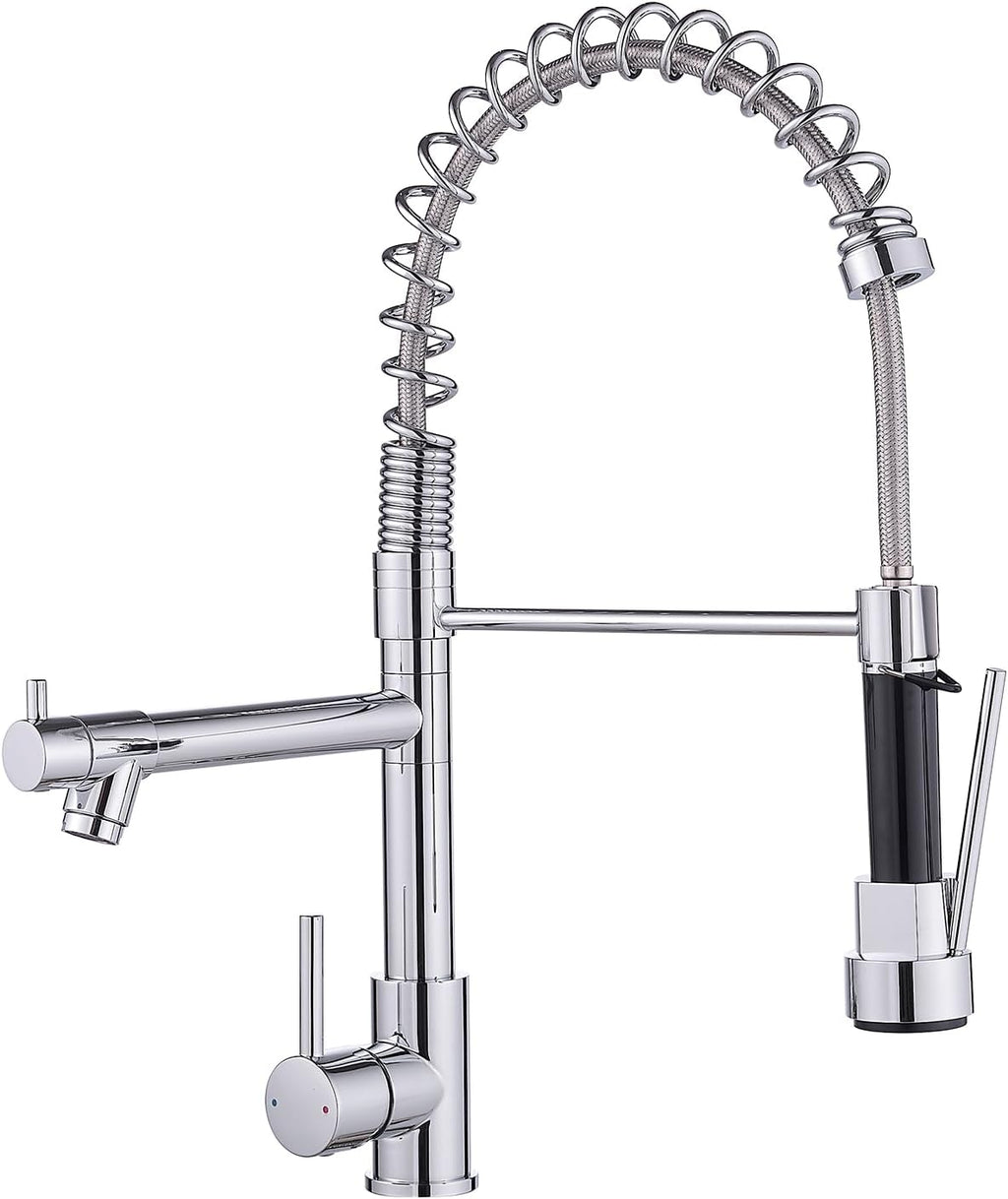 AIMADI Chrome Kitchen Faucet with Pull Down Sprayer,Dual Spout Design Modern Stainless Steel High Arc Kitchen Sink Faucet for Farmhouse Camper Laundry Rv Bar