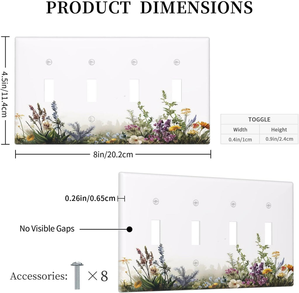 Light Switch Cover Plate White Background Colorful Flowers Plants Green Leaves 4 Gang Quad Toggle Wall Plate Electrical Outlet Cover Decorative Switch Plate Covers for Bedroom Home Decor
