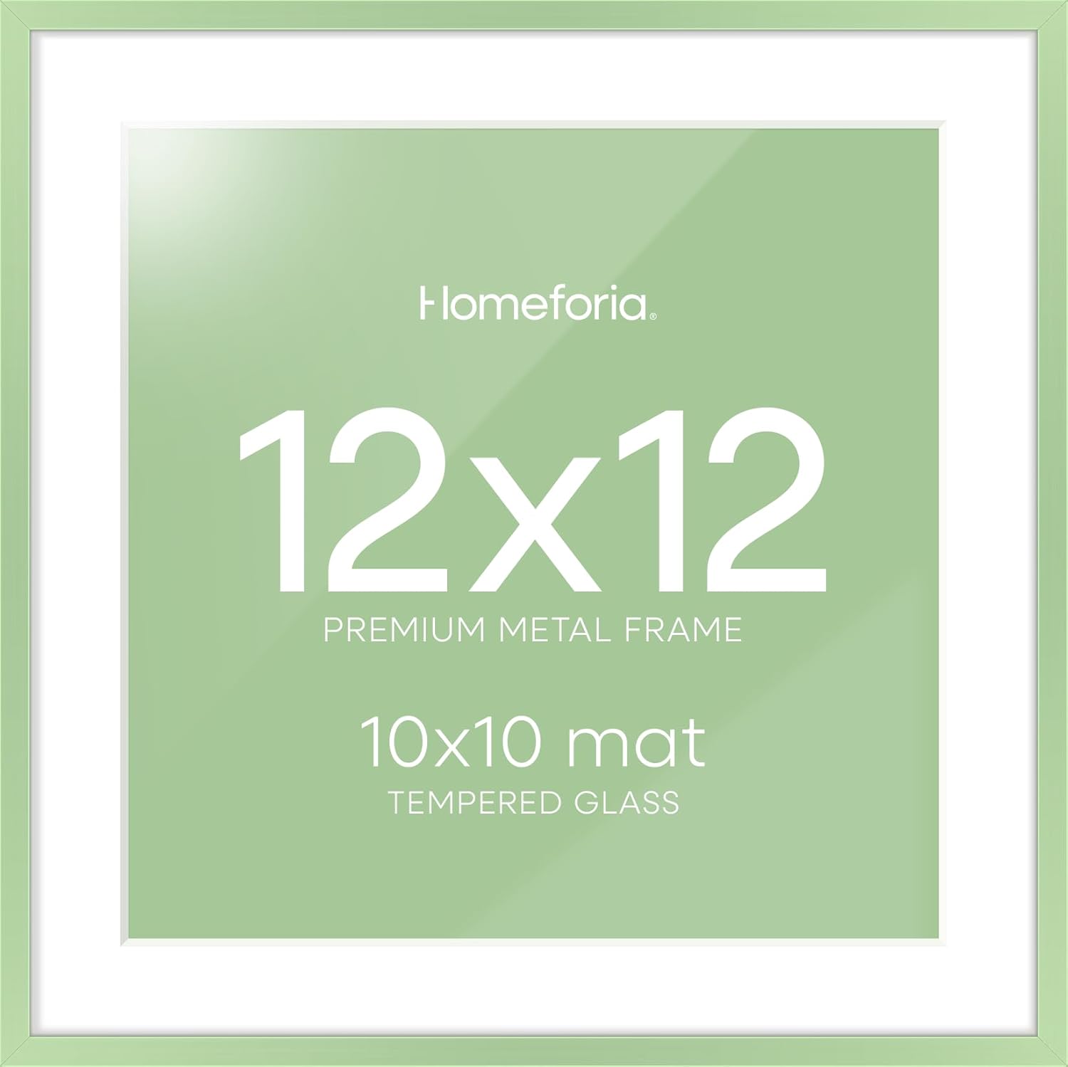 Homeforia 12x12 Picture Frame Sage Green, High End Metal 12 x 12 Square Poster Frame with Mat 10 x 10 Photo, 12x12 Frame Matted to 10x10 Print, 12by12 Hanging Frame, Tempered Glass, Wall Kit, Set of 1