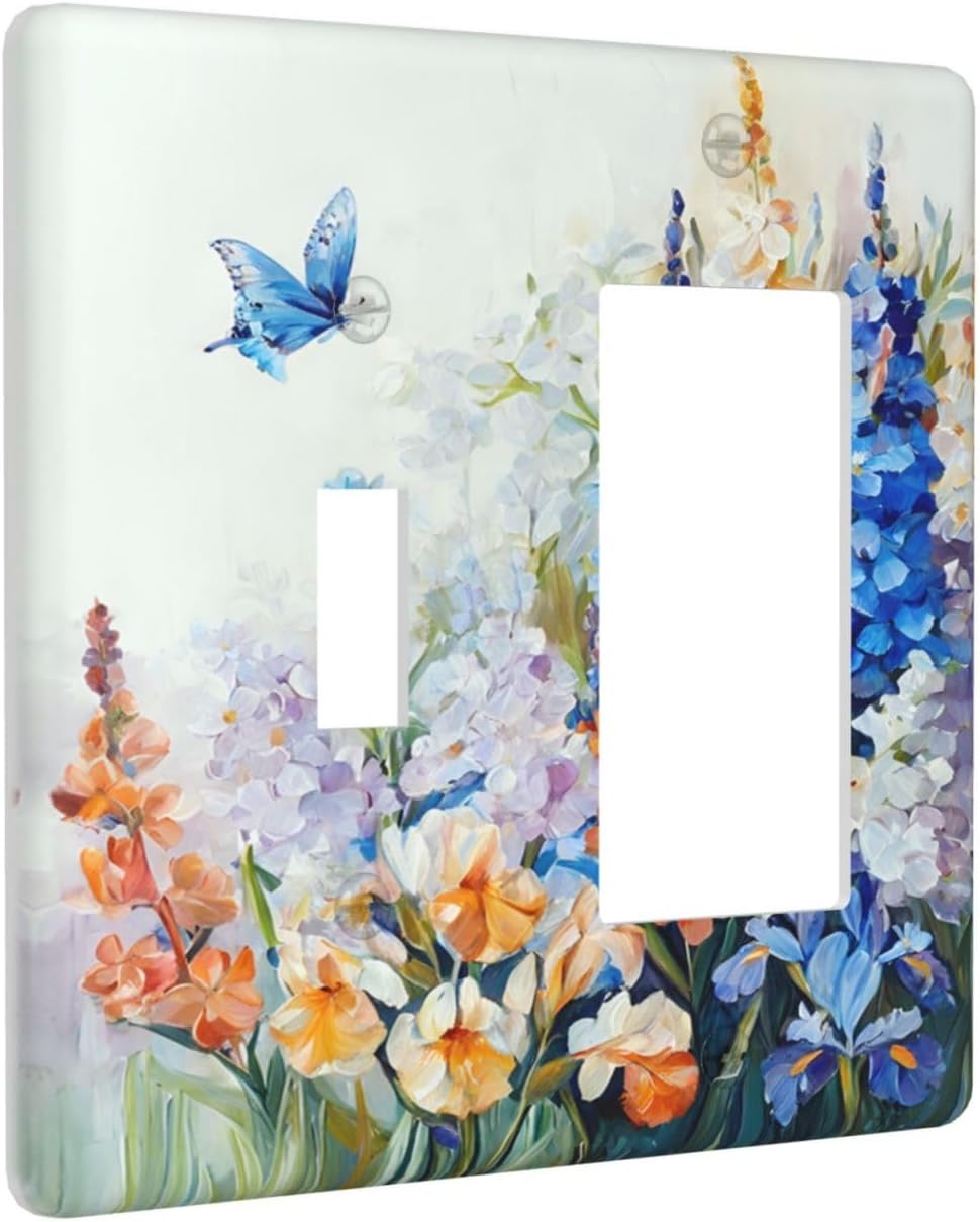 Decorative Outlet Covers Rustic Colorful Floral Garden Flowers 2 Gang Wall Plate Single Toggle 1 Rocker Light Switch Cover Switch Plate Covers Faceplate for Country Bedroom Home Decor