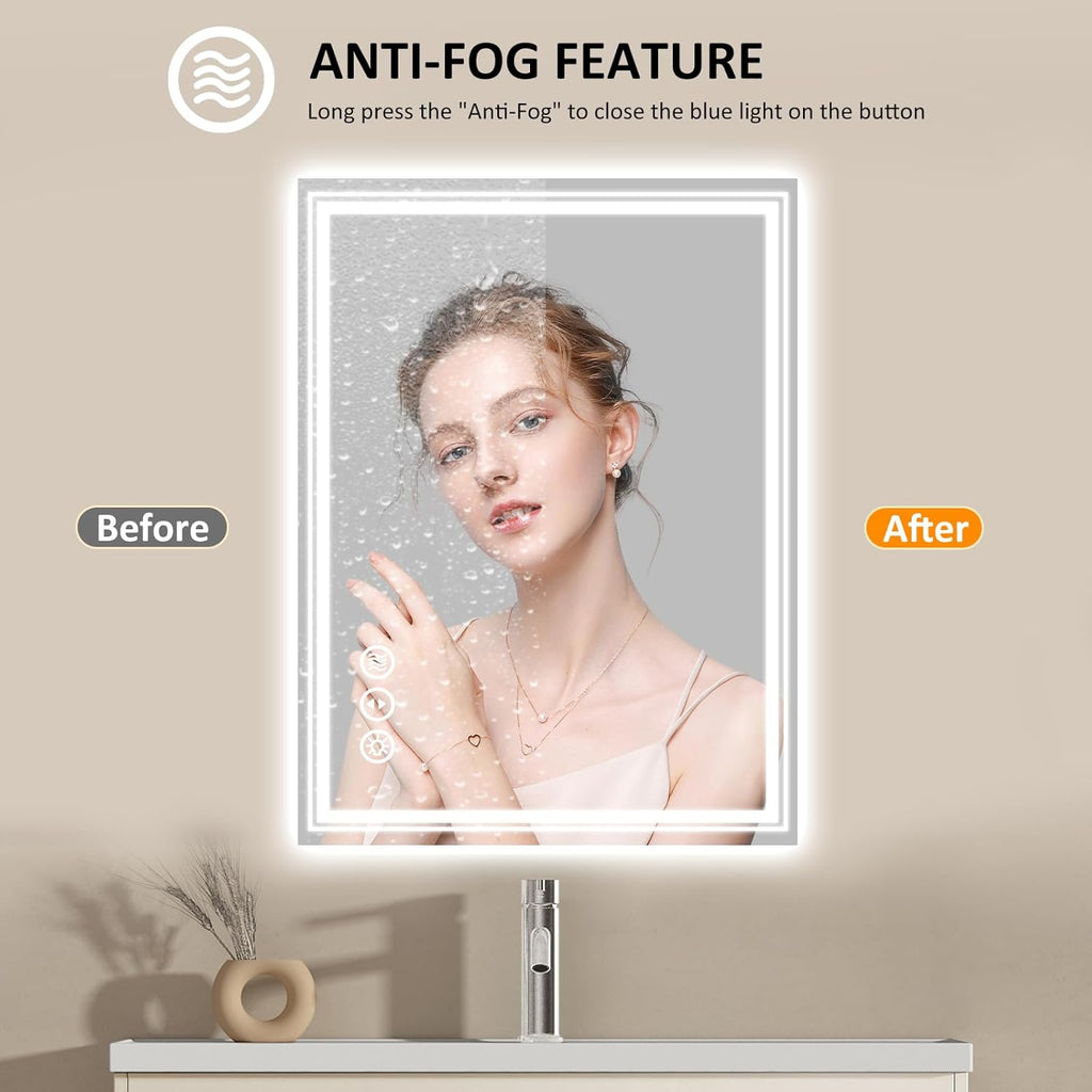 WTTY LED Bathroom Mirror 32x24 Inch, Front Light and Backlit LED Mirror for Bathroom, Lighted Vanity Mirror for Wall, Stepless Dimmable, Anti-Fog, Shatter-Proof, Memory, Double LED Vanity Mirror