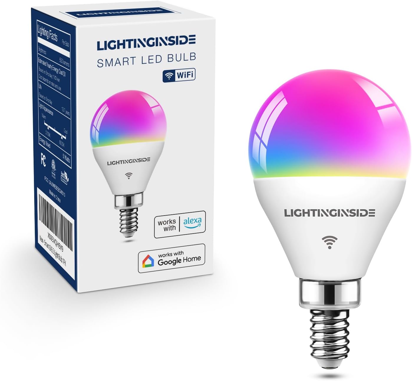 Lightinginside E12 Smart Light Bulbs 50W Equiv., G16.5 RGBCW Candelabra Chandelier Ceiling Fan Smart Bulb Works with Alexa/Google Home/Smart Life, 5W 550LM, 2.4G WiFi Bluetooth Bulb, ETL Listed, 1PC