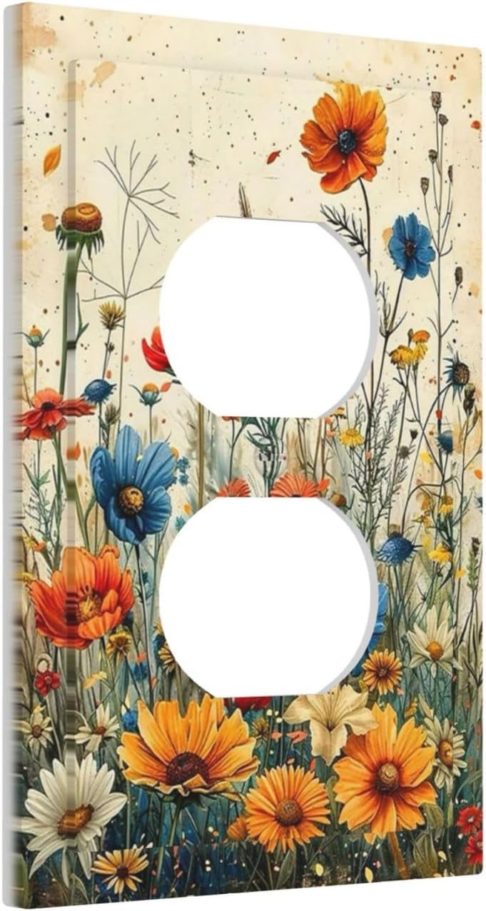 Outlet Covers Colorful Flowers Wildflowers Plants Orange Yellow Blue 1 Gang Duplex Light Switch Cover Plate Decorative Switch Plate Covers Electrical Socket Cover for Home Farmhouse Decor