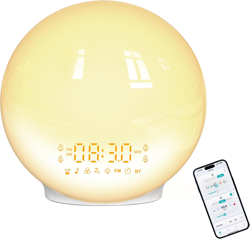 Smart APP Sunrise Alarm Clock with 4 Alarms & Natural Sounds for Heavy Sleepers, App No Signup, Wake Up Light, 11 Night Ligh, Sleep Aid 7 White Noise Machines & FM, Wireless Speaker (White, 1PCS)