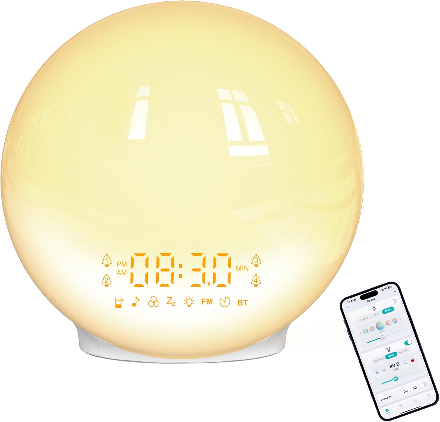 Smart APP Sunrise Alarm Clock with 4 Alarms & Natural Sounds for Heavy Sleepers, App No Signup, Wake Up Light, 11 Night Ligh, Sleep Aid 7 White Noise Machines & FM, Wireless Speaker (White, 1PCS)