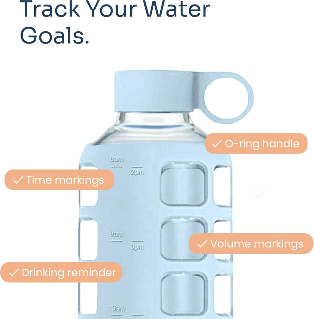 purifyou 40oz / 32oz / 22oz / 12oz Borosilicate Glass Water Bottle with Time & Volume Markers, Silicone Sleeve, Stainless Steel Lid | Reusable Glass Bottle for Water & Juice (40oz Ice Blue)