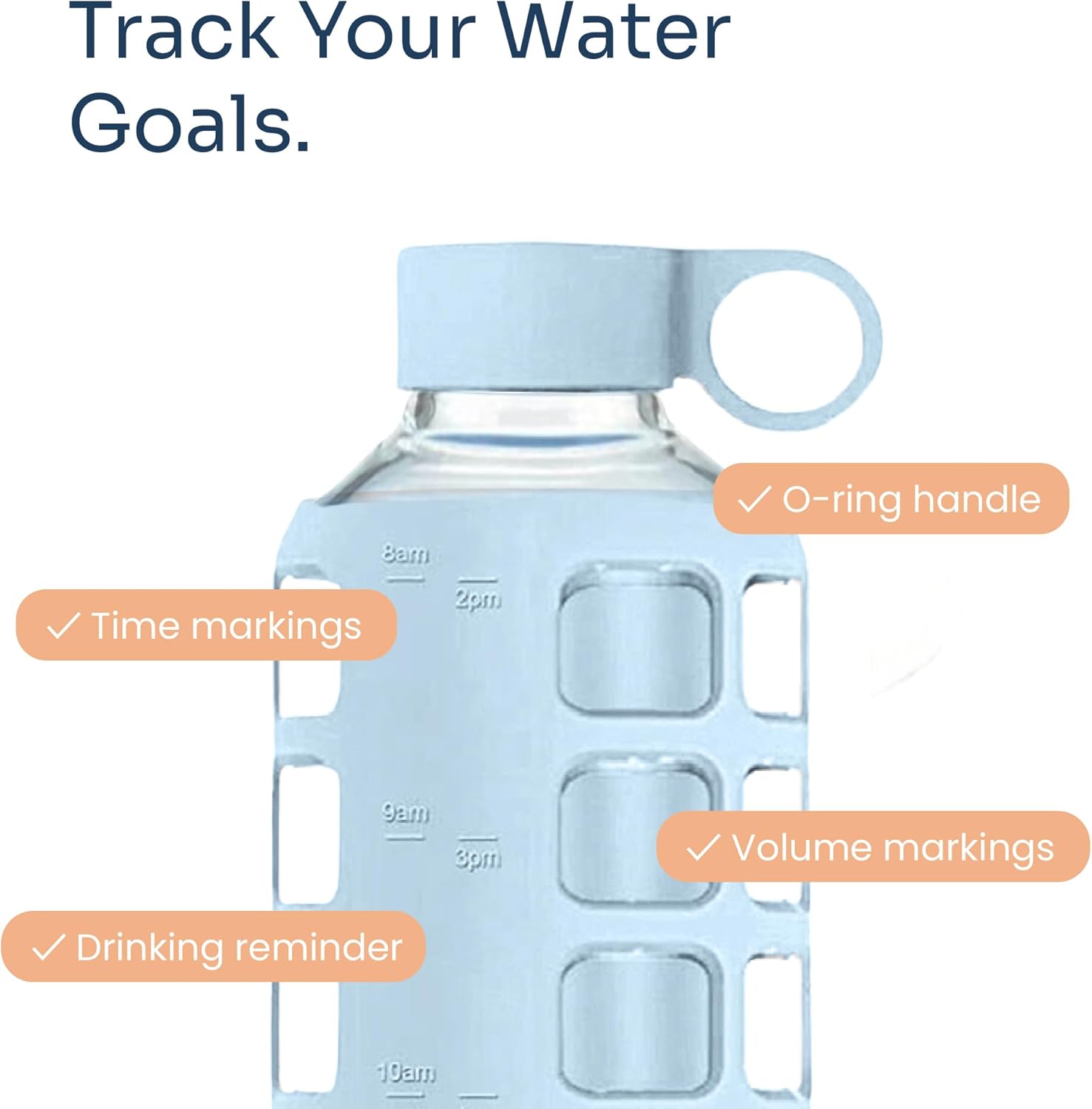 purifyou 40oz / 32oz / 22oz / 12oz Borosilicate Glass Water Bottle with Time & Volume Markers, Silicone Sleeve, Stainless Steel Lid | Reusable Glass Bottle for Water & Juice (40oz Ice Blue)