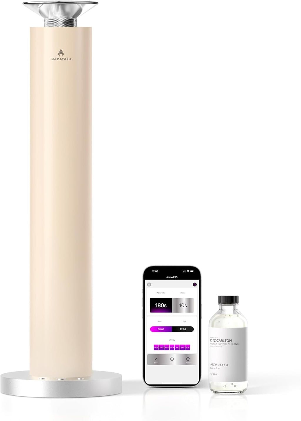 Waterless Scent Diffuser Starter Kit - Alloy Atomization System, Smart Rechargeable Hotel Scent Diffuser, 1500 Sq Ft Coverage, Including 120ml Essential Oil, for Home, Large Room, Spa, Cream