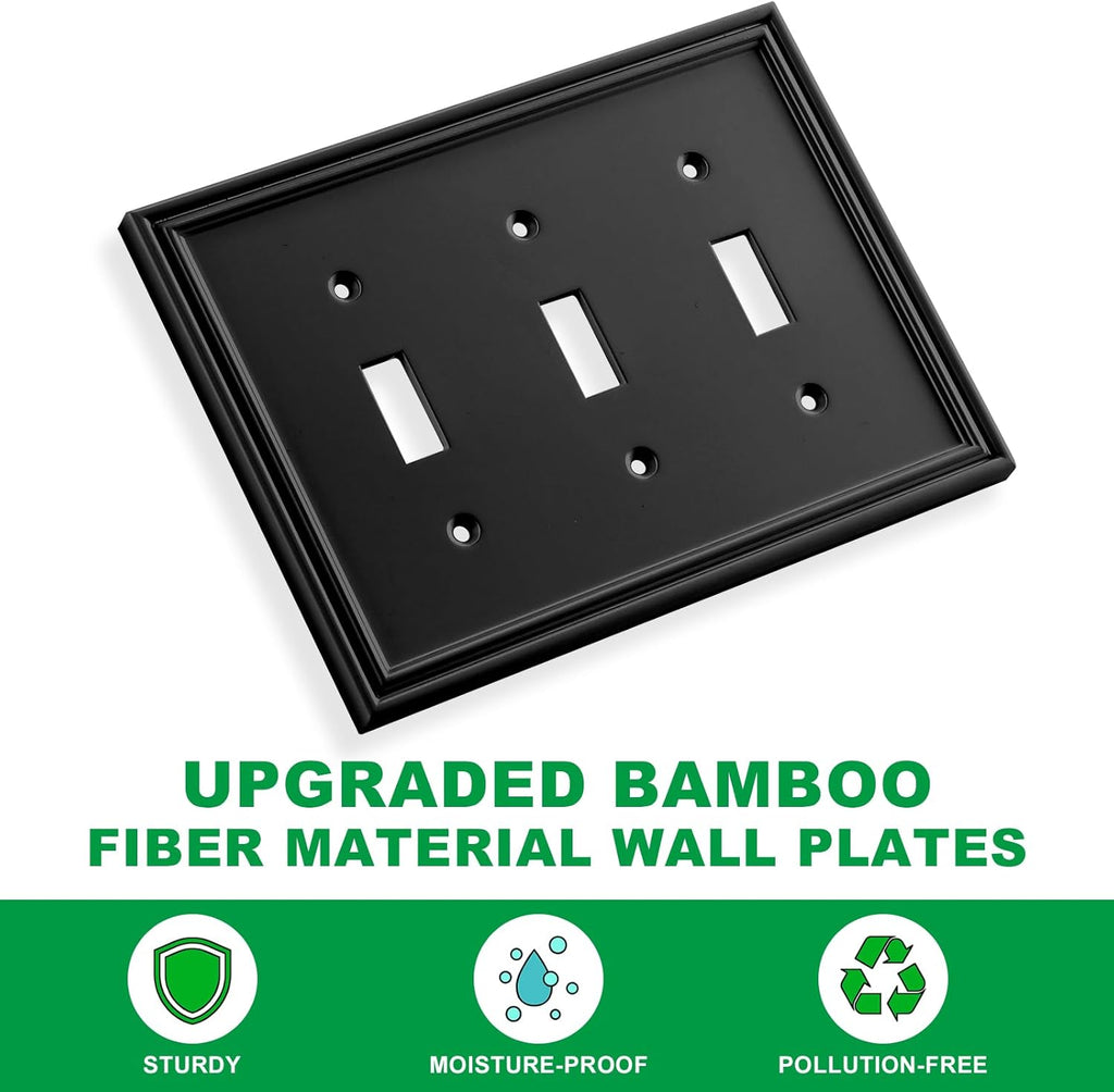 Black Modern Decorative Wall Plate Light Switch Cover Decorator Outlet Covers Rocker Switch Plates Bamboo Fiber Material Wall Plates for Kitchen Bathroom (3 Gang Triple Toggle-1 Pack)