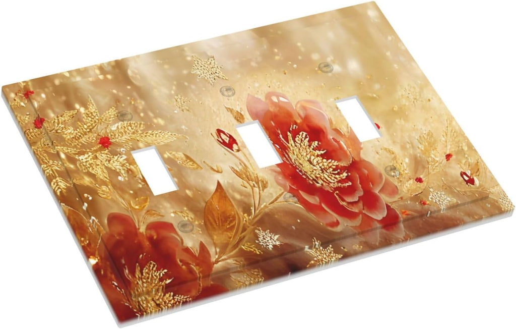 Decorative Light Switch Cover Plate Golden Leaf Red Peony Flowers Floral 3 Gang Wall Plate Oversized Triple Toggle Switch Cover Plate Jumbo Faceplate for Bedroom Decor