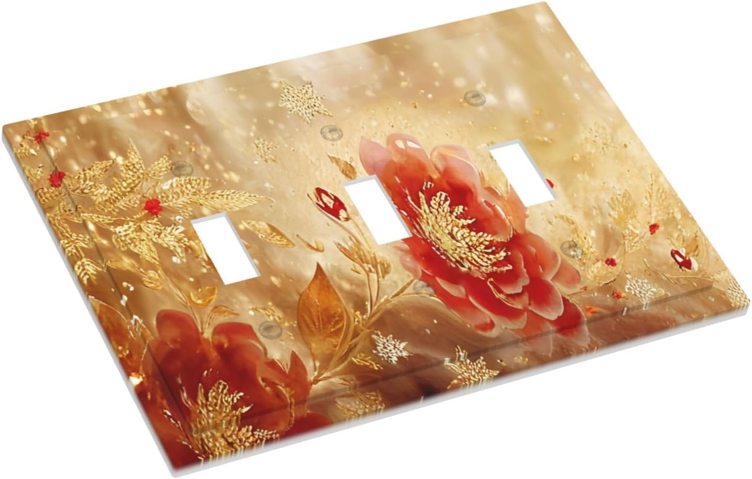 Decorative Light Switch Cover Plate Golden Leaf Red Peony Flowers Floral 3 Gang Wall Plate Oversized Triple Toggle Switch Cover Plate Jumbo Faceplate for Bedroom Decor