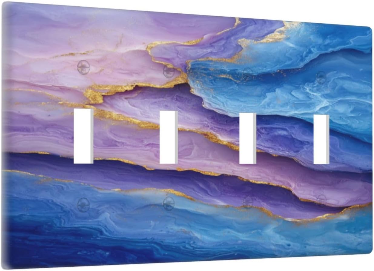 Decorative Light Switch Plate Covers Abstract Blue Purple Gold Marble Texture 4 Gang Light Switch Cover Plate Quad Toggle Wall Plate Outlet Covers Faceplate for Bathroon Kitchen Decor