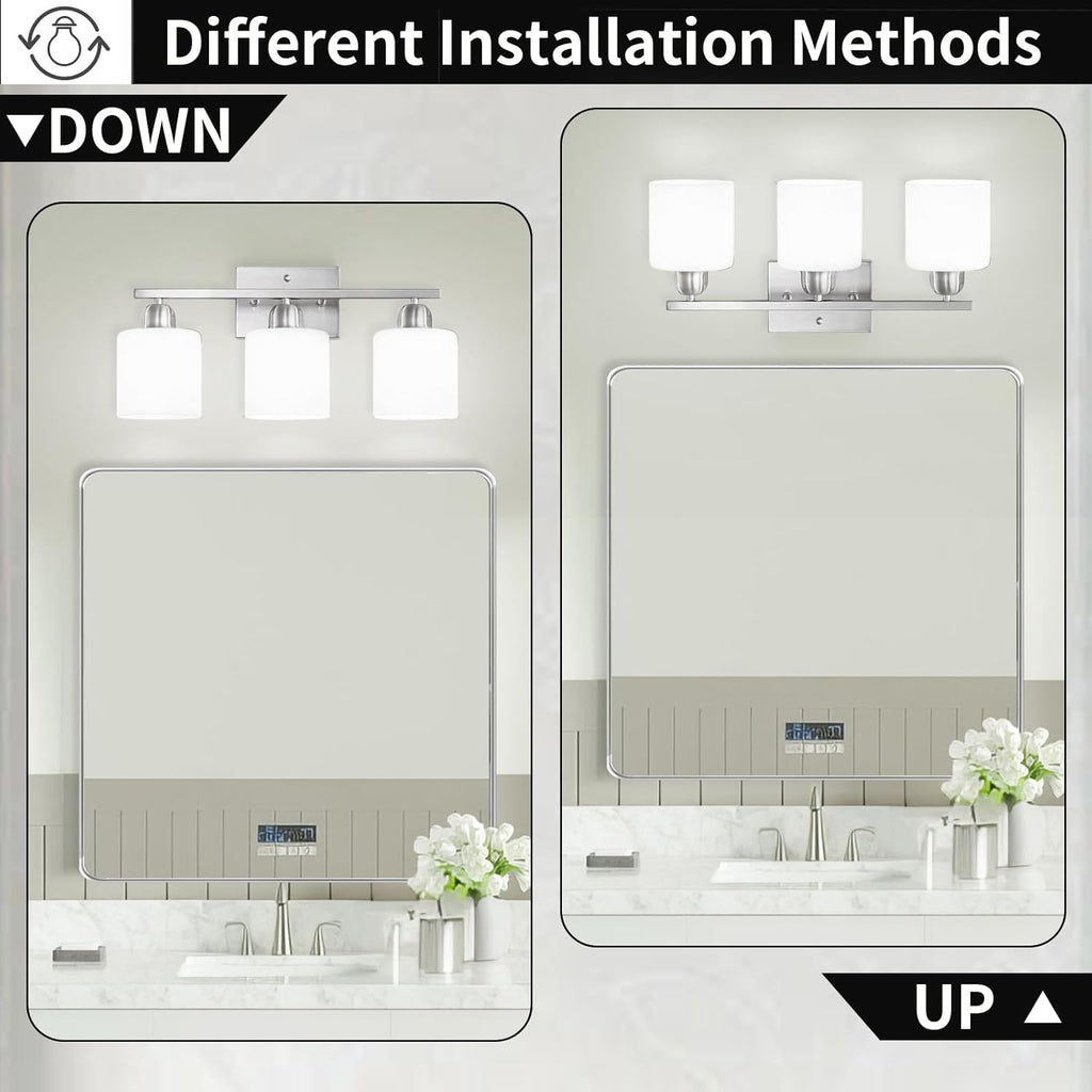 Brushed Nickel Bathroom Light Fixture, 3 Light Vanity Lights for Bathroom, Bath Lights with Milky White Frosted Glass Shades, E26 Socket