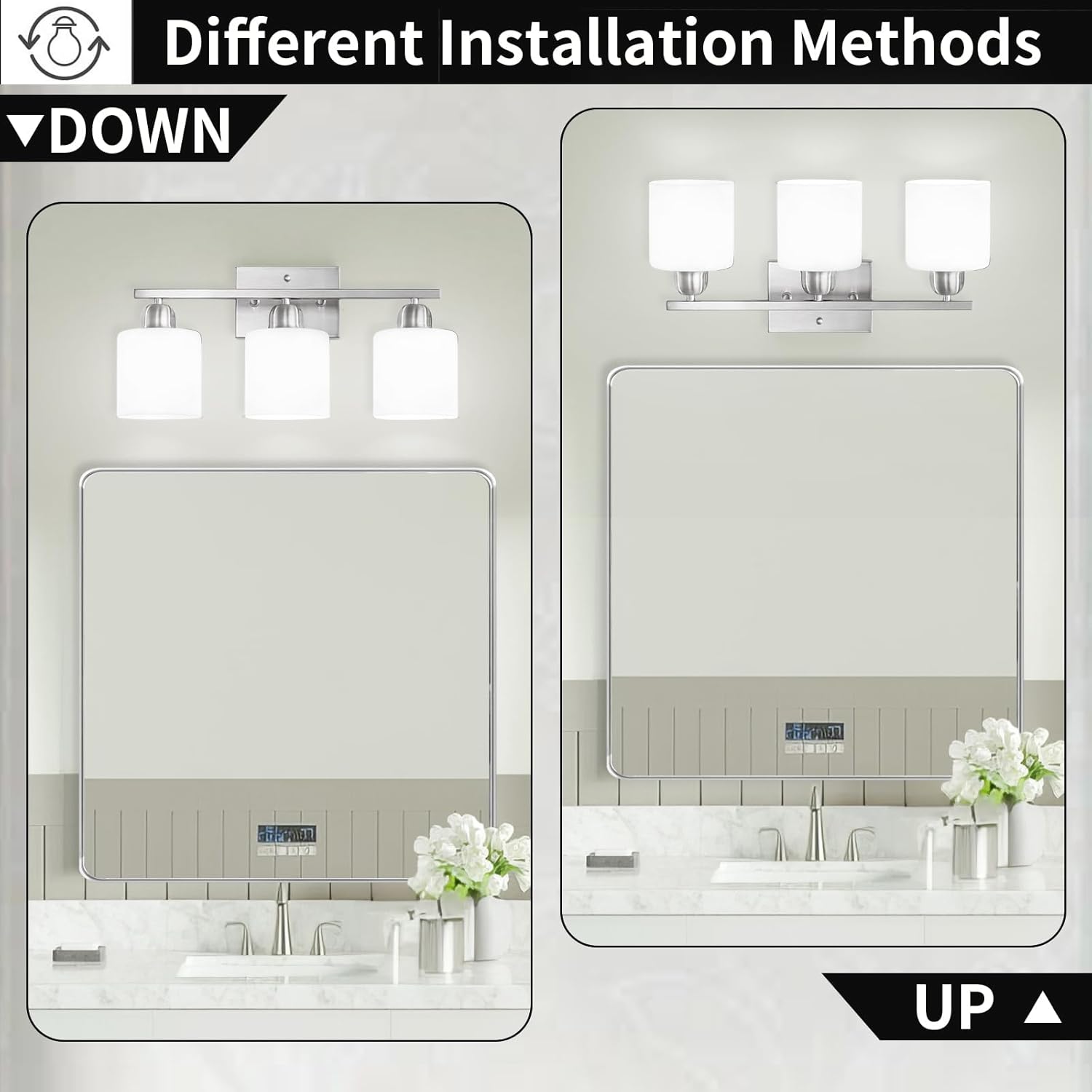 Brushed Nickel Bathroom Light Fixture, 3 Light Vanity Lights for Bathroom, Bath Lights with Milky White Frosted Glass Shades, E26 Socket
