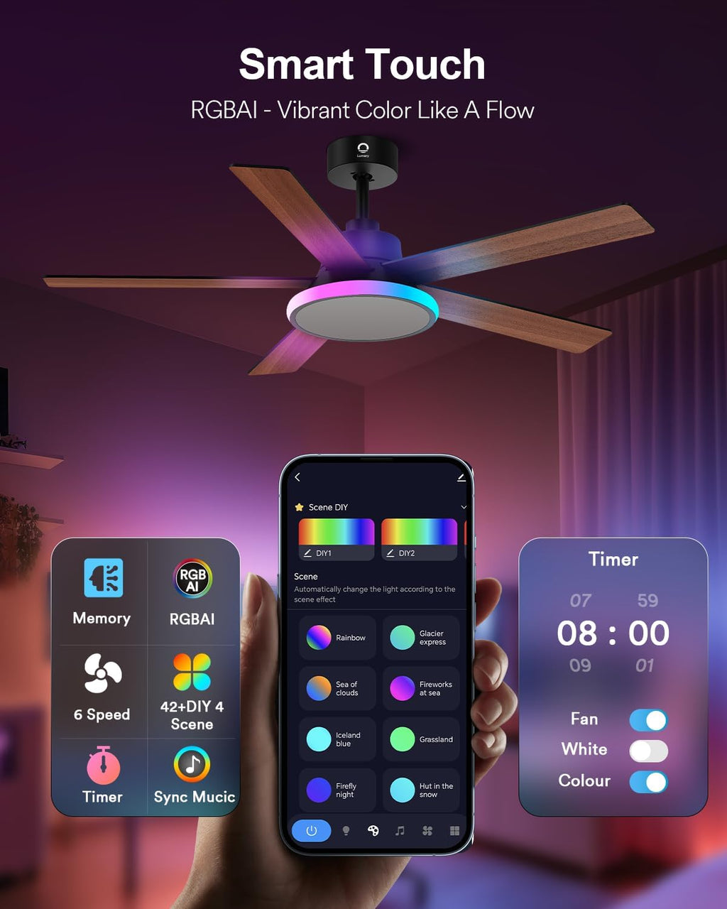 Lumary 52'' Smart Ceiling Fan with RGBAI Lights Remote, WiFi Bluetooth Low Profile Ceiling Fan with Alexa Google App, Dimmable & Color Tuning, 46 Scene, Modern Flush Mount for Bedroom Living Room