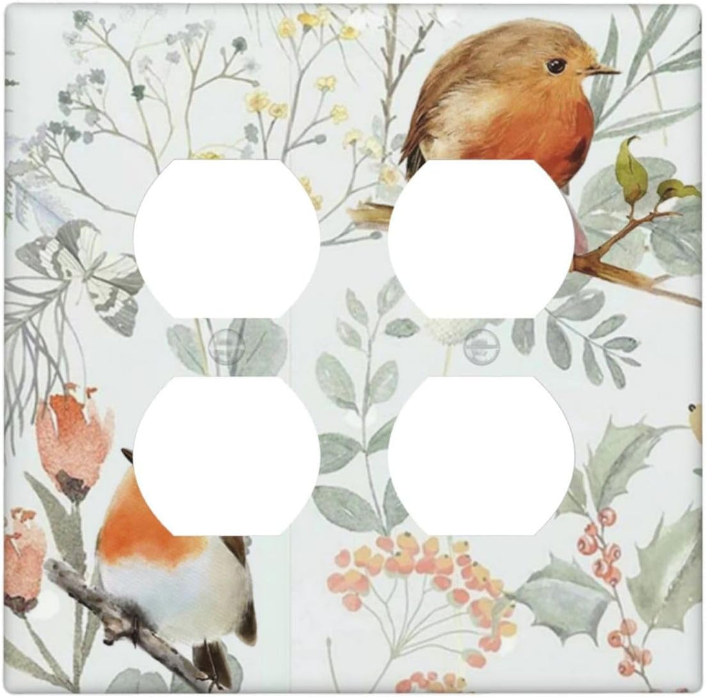 Outlet Covers Red Floral Berries Colorful Bird Plant 2 Gang Double Duplex Decorative Light Switch Covers Electrical Wallplates Socket Faceplate For Bed Room Living Room Decor