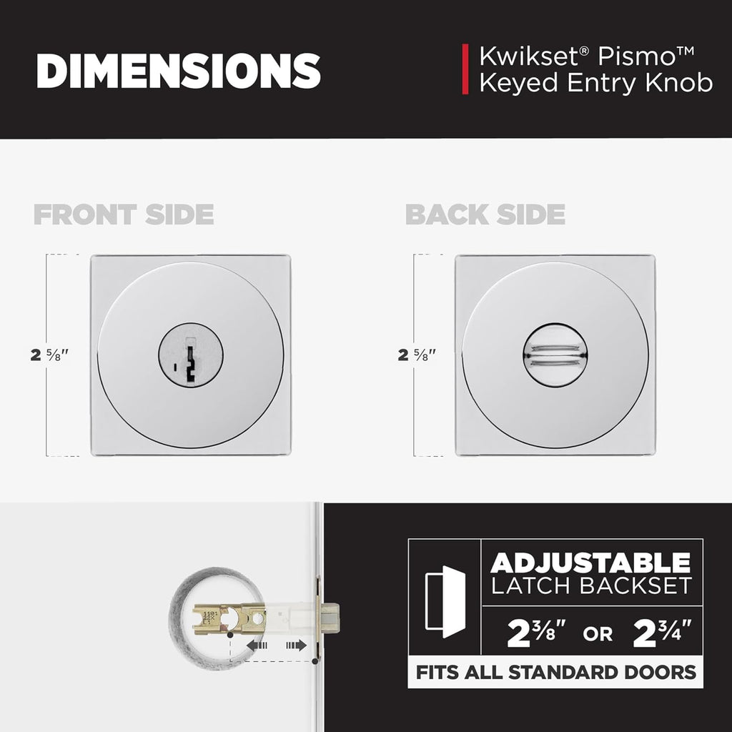 Kwikset Pismo Entry Door Knob with Lock and Key, Secure Keyed Handle Exterior, Front Entrance and Bedroom, Polished Chrome, 4 Pack, Pick Resistant SmartKey Rekey Security