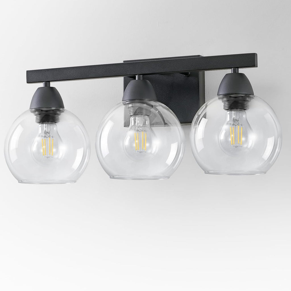 Bathroom Light Fixtures, 3-Light Matte Black Vanity Light with Hand-Blown Thick Glass Shades, Premium Clarity & Shatter-Resistant, Wall Sconces for Mirror, Kitchen, Bedroom