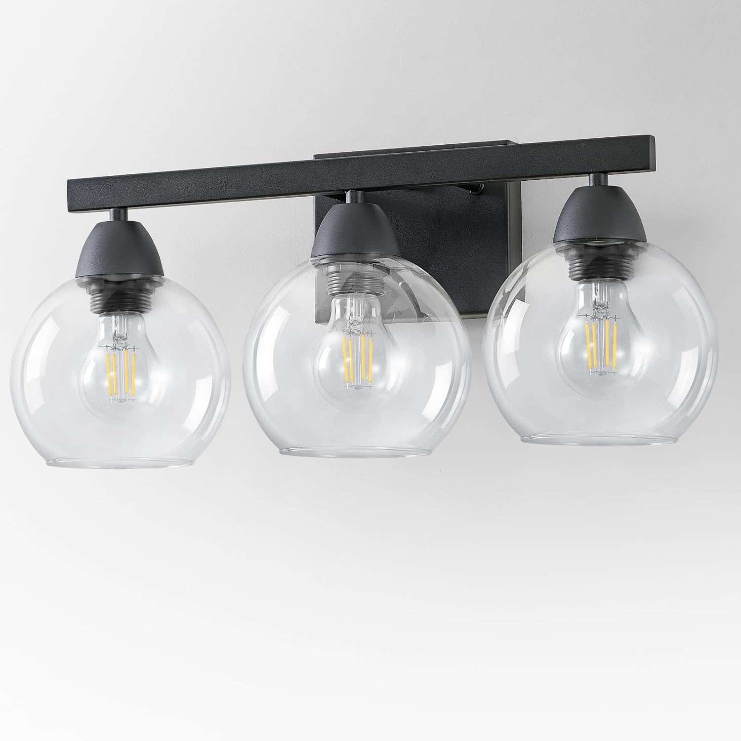 Bathroom Light Fixtures, 3-Light Matte Black Vanity Light with Hand-Blown Thick Glass Shades, Premium Clarity & Shatter-Resistant, Wall Sconces for Mirror, Kitchen, Bedroom