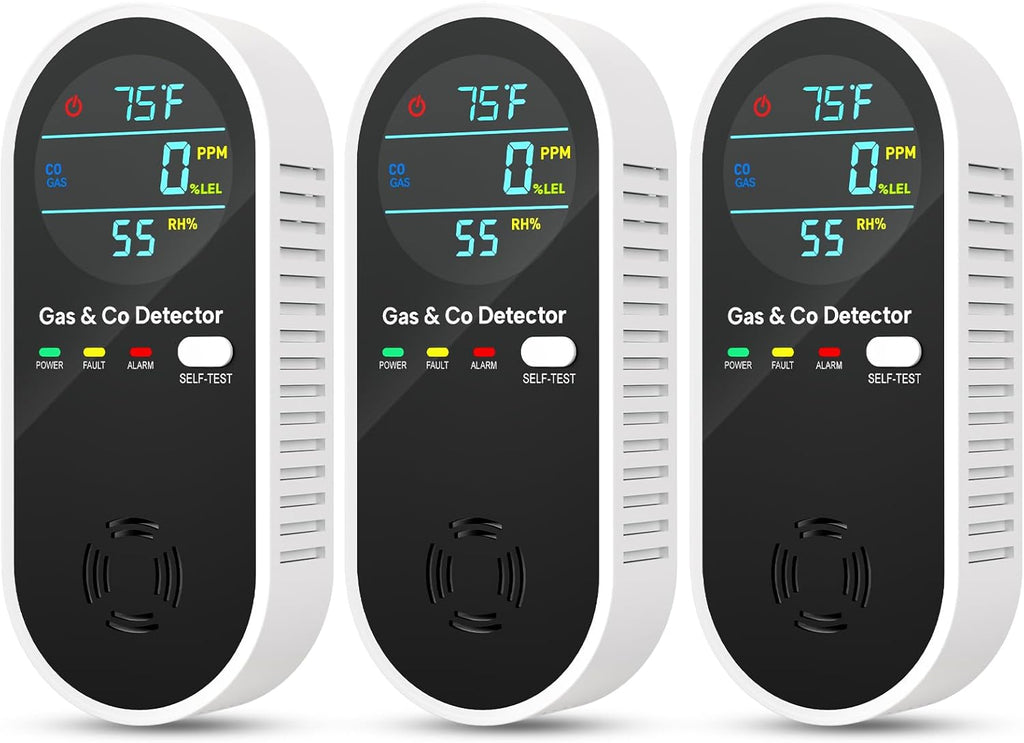 Upgraded Natural Gas Leak Detector & Carbon Monoxide Detectors - 4 in 1 Natural, Propane, Co & Gas Detector -Carbon Monoxide Detectors Plug in -Temperature & Humidity for Home, RV (3 Packs)
