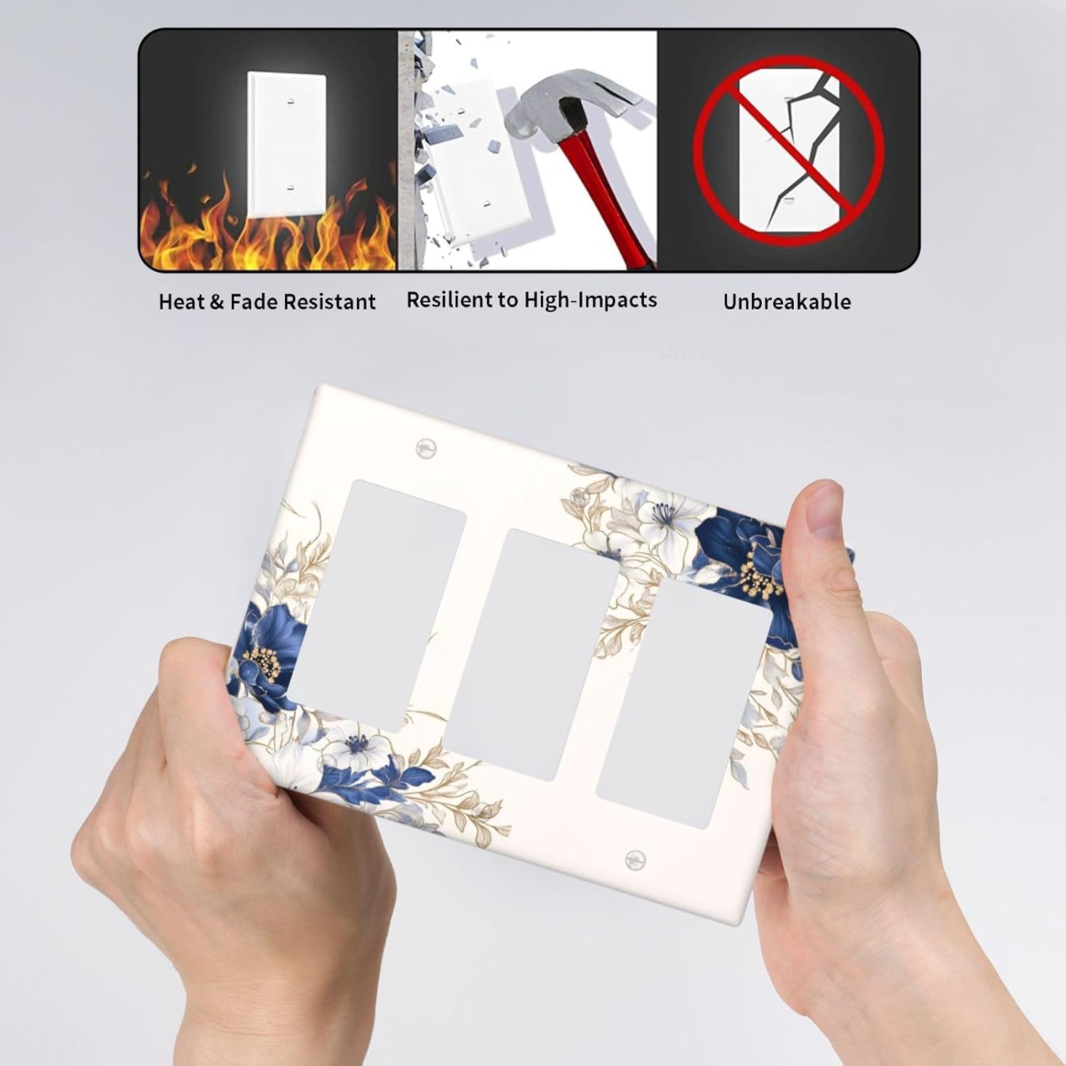 Decorative Outlet Covers Rustic Blue White Flowers Floral Penoy 3 Gang Wall Plate Triple Rocker Light Switch Cover Plate Jumbo Electrical GFCI Face Plate for Bedroom Home Decor