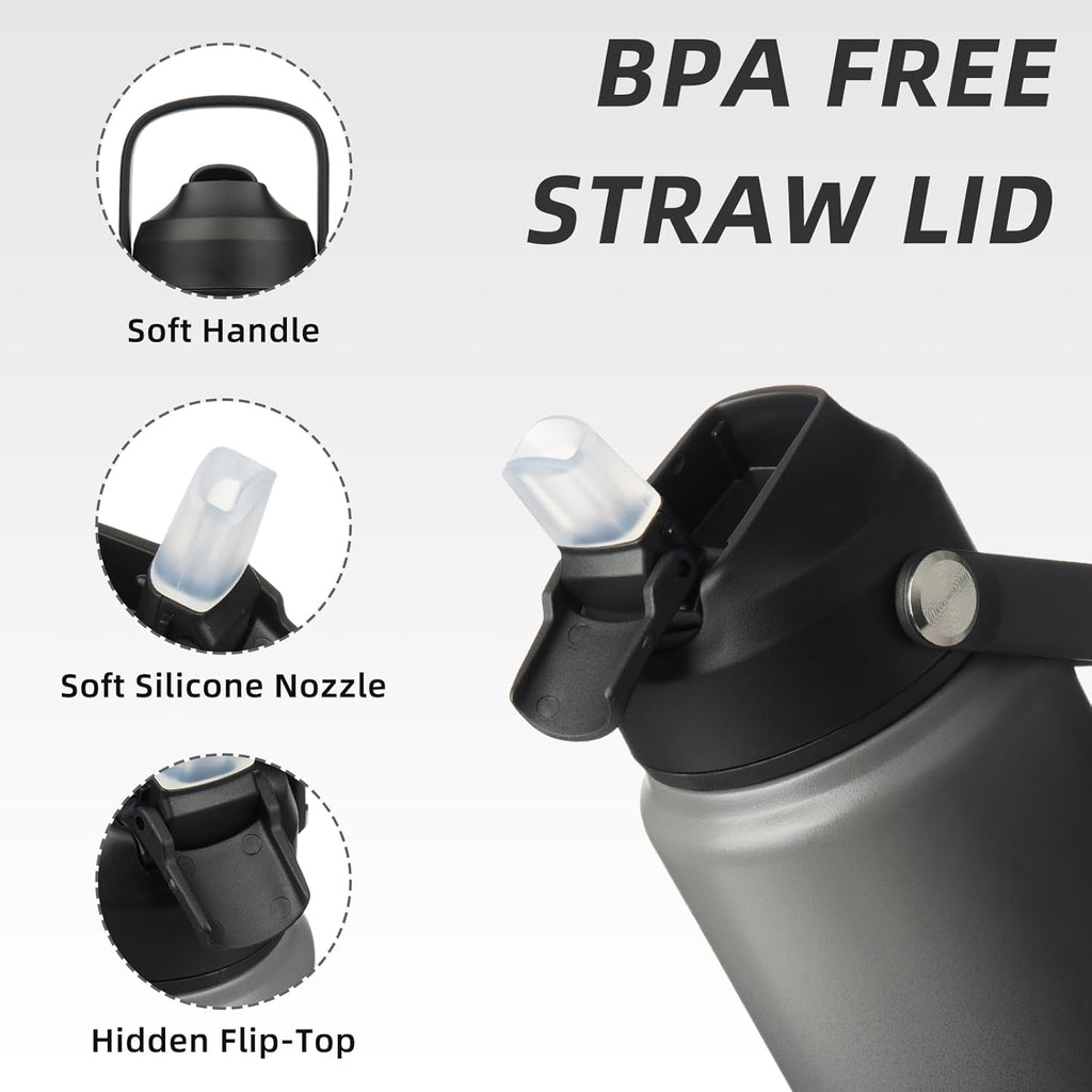 BJPKPK Water Bottle with Straw Lid, 24oz Vacuum Insulated Water Bottles, Metal Stainless Steel Thermo for Sports, Travel, BPA Free Leak Proof Thermo, Cups, Flasks, Tumblers,Black Grey