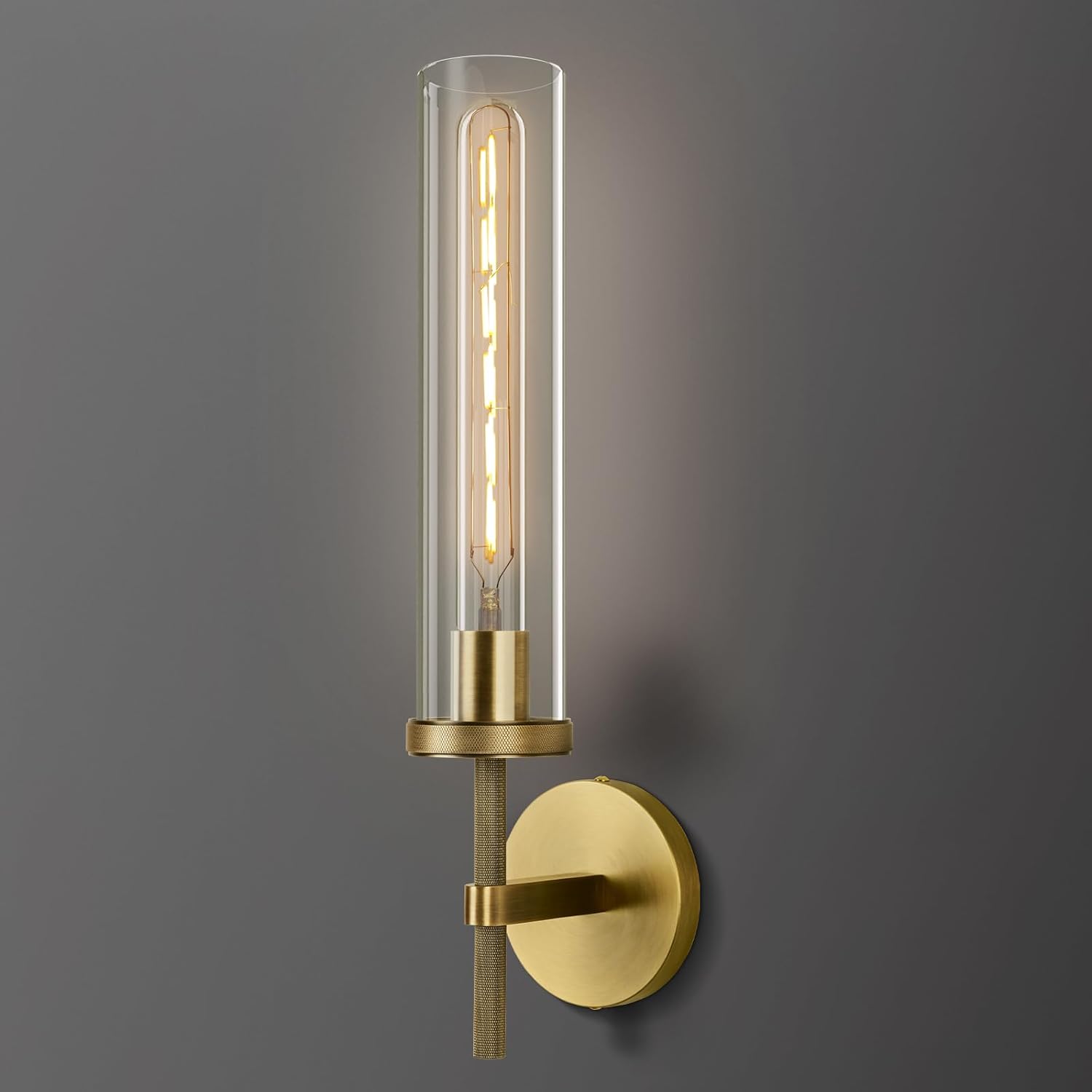 Brass Wall Sconce 19.48" Handcrafted Vintage Wall Lamp with Clear Glass Tube & Knurled Detailing, Sconce Lighting for Bedroom Bathroom Hallway Staircase Entryway, Dining Room Decor Lighting Fixture