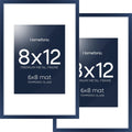 Homeforia 8x12 Picture Frame Navy Blue, High End Metal 8 x 12 Poster Frames with Mat 6 by 8 Photo, 12x8 Frame Matted to 6x8 inch Print, 8by12 Wall or Tabletop Frame, Tempered Glass, Wall Kit, Set of 2